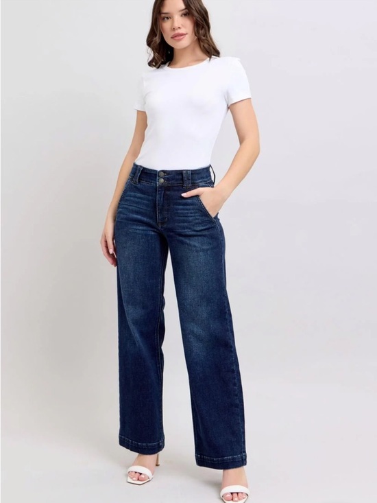 Judy Blue Denim - Judy Blue High Waist Wide Leg Jeans 5/27 Double Button Medium Wash 90s